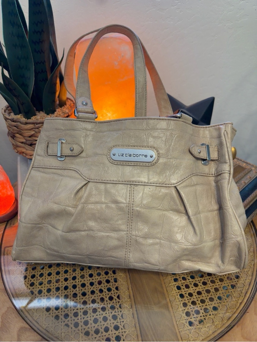 Liz Claiborne Beige Faux Leather Croc Embossed Tote Shoulder Bag
